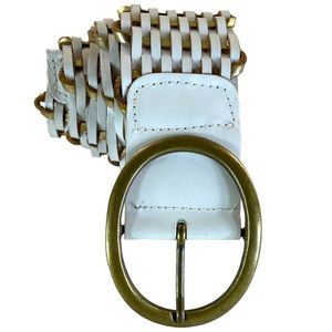 White & Gold Geniune Leather Weave Braided Belt with Oval Brass Buckle Medium